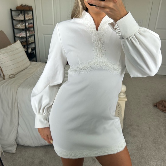 custom made Dresses & Skirts - VINTAGE CUSTOM MADE Elegant White Lace-Trimmed Beaded Long Sleeve Mini Dress